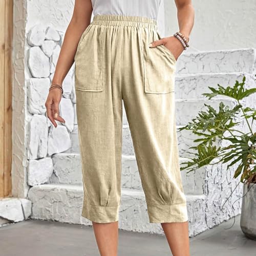Wide Leg Capri Pants Women Petite Length Casual Elastic Waist Cropped Straight Leg Beach Pants Vacation Capris Pocket2