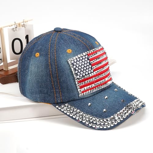 Image of American Flag Caps USA Baseball Caps Bling Sparkle Independence Day 4th of July Hats Adjustable Cotton Stars Stripes Ball Cap