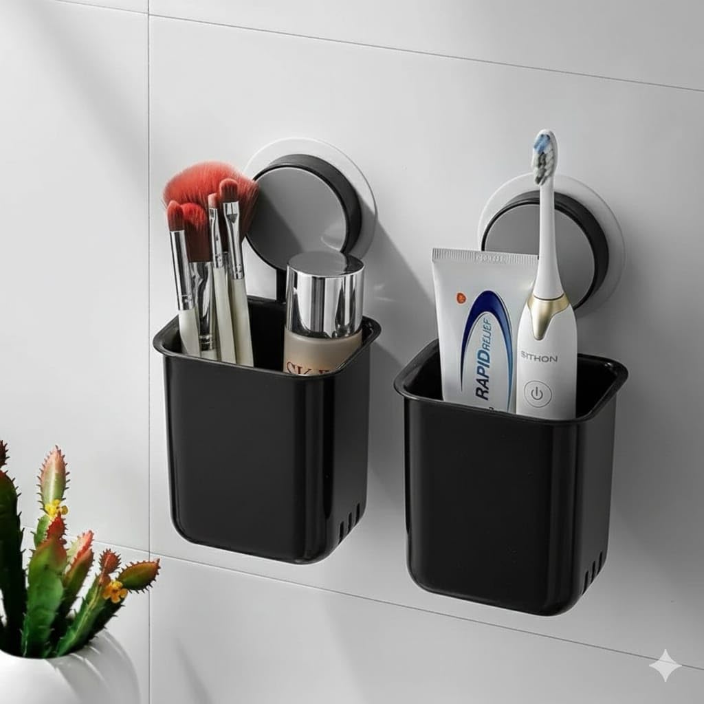 Wall-Mounted Tooth Brush Holder Bathroom - Self-Adhesive Bathroom Organiser Without Drill for Toothbrushes, Toothpaste and Makeup Brushes - Plastic Brush Holder for Bathroom (2, Black)-image-6