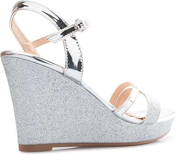 Forever FQ22 Women's Glitter Strappy Wrapped Wedge Heel Platform Sandals, Silver-1, Size 74