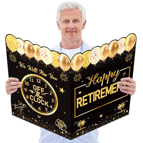 JCTHKUKU Jumbo Retirement Card 22 x 14 Inches Black Gold Large Happy Retirement Party Farewell Card with Envelope Giant Retirement Guest Book Greeting Card Gift for Men & Women