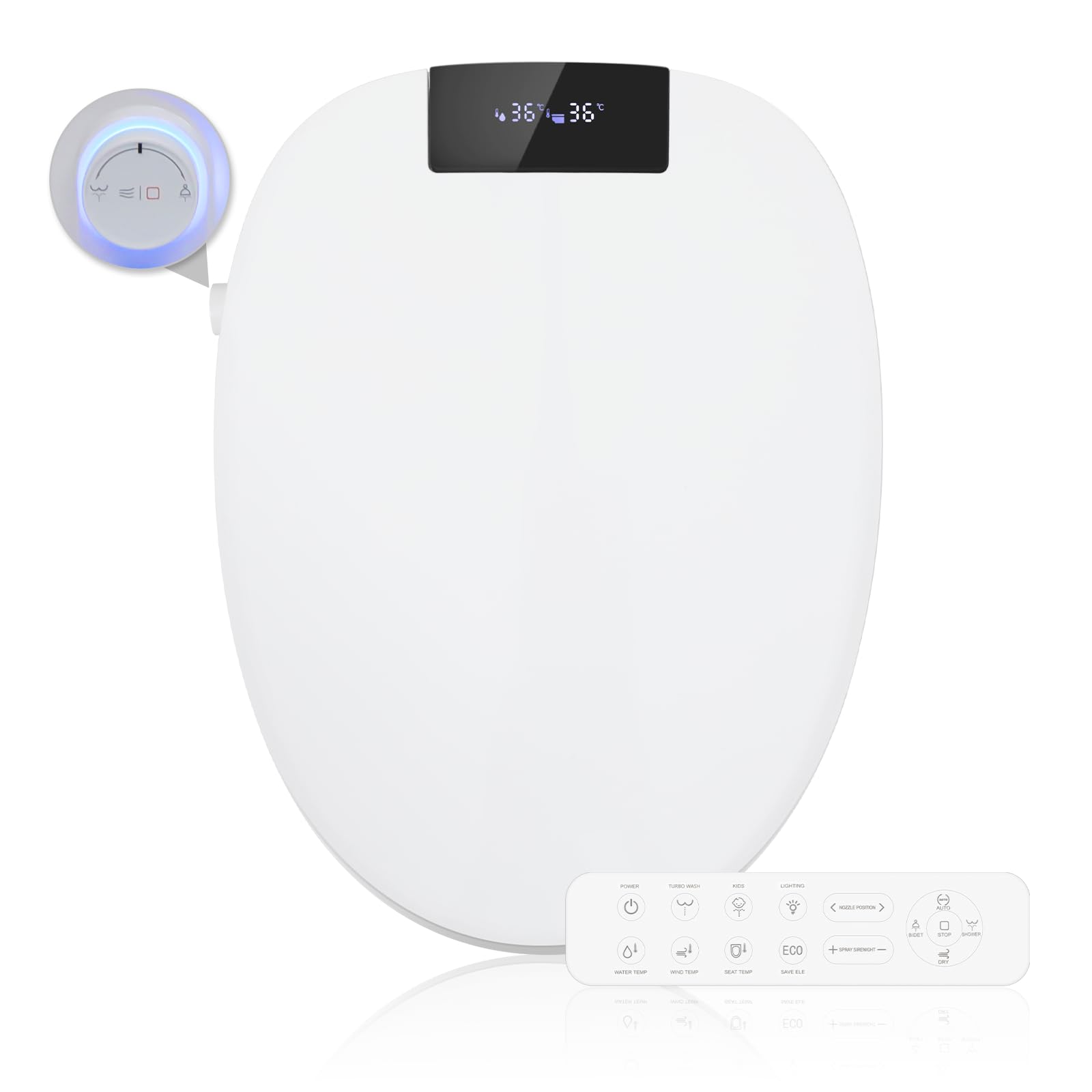 Kwanner Smart Bidet Beheizter Toilettensitz mit Düse, Toilette Sitz mit Warmwasser & Trockner, Erwärmung, Selbstreinigende Düse aus Volledelstahl, Nachtlicht, Einstellbarer Wasserdruck (Modern)