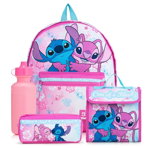 Disney Lilo & Stitch Kids Backpack 4 Piece School Set | Backpack Lunch Box Pencil Case & Water Bottle |Back to School Set