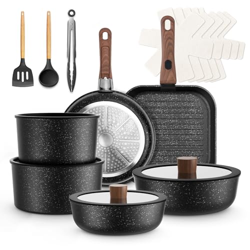 La Mejor Selección de Bateria de cocina jade cook para comprar online. 47 HEEDU Juego de 20 Ollas y Sartenes Antiadherentes, Batería de Cocina con Mango Desmontable, Sartenes de Ceramica para Autocaravana, Apto para Inducción, Horno y Lavavajillas