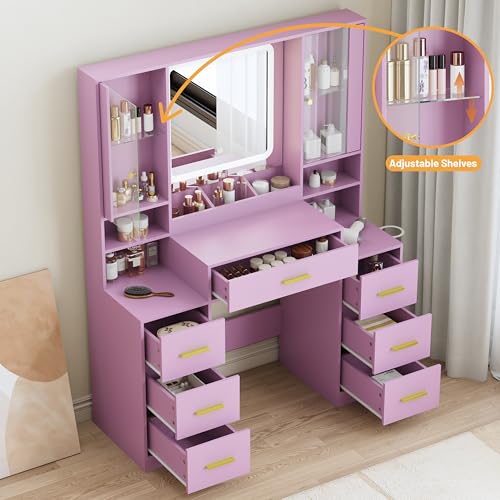 Image of BORNOON Vanity Desk with Mirror and Lights, Makeup Vanity with 7 Drawers, 2 Glass Door Cabinets, Charging Station, Adjustable Shelves, RGB Lighting, Holder