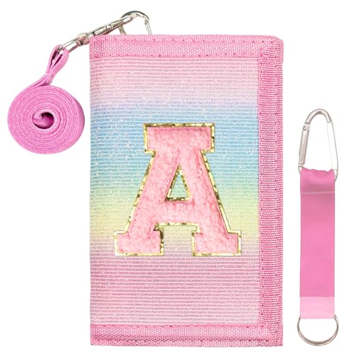 SiorVeol Girls Wallet for Kids Initial Glitter Wallets Trifold with Zipper and Card Slots Including Neck Lanyard and Hanging Strap, Rainbow with Stripes, A