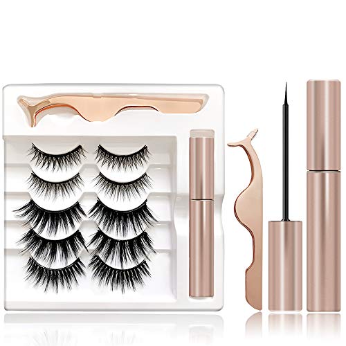 Aisaine-Z Upgraded Magnetic Eyelashes Kit with Magnetic Eyeliner and Magnetic Lashes No Glue 3D Waterproof Magnetic False Lashes Set with 5 Pairs of Reusable Magnetic Flase Eyelash and Tweezers