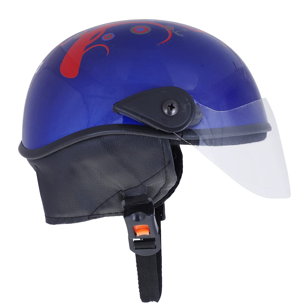 Western Era Unisex Half Helmet for Men & Women | Clear Visor | Comfort & Safety | Enhanced Design | Color - Blue Glossy || Red Decal (Large)