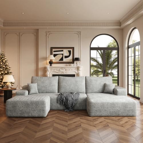 Image of Boneless Couch, Modular Sectional Couches for Living Room, U-Shaped Cloud Couch Sofa with Deep Seat, Fluffy Corduroy Upholstered Corner Sofa