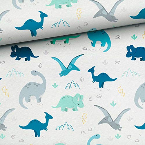 Telas para coser, 100% algodón, venta por metro: 0,5 m de tela de algodón para niños con dinosaurios en arena – azul, menta, gris, amarillo