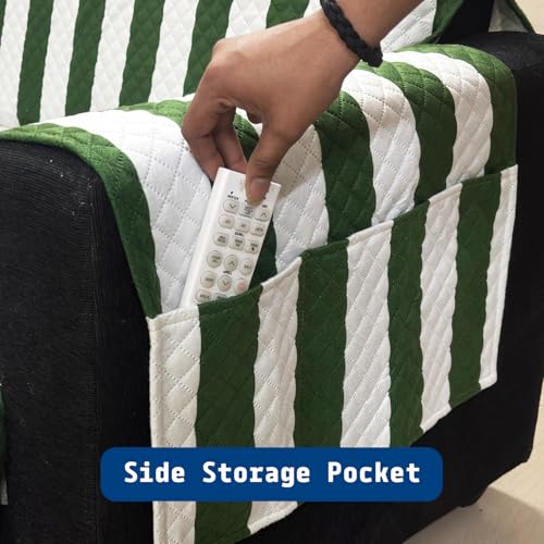 Image of House of Quirk IKATRA Series Quilted Printed Sofa Cover for Indian Sofa Set with Side Pocket - Premium Washable, Anti-Slip, Durable & Ultra Soft Fabric Protector (Evergreen Stripe, Three Seater)