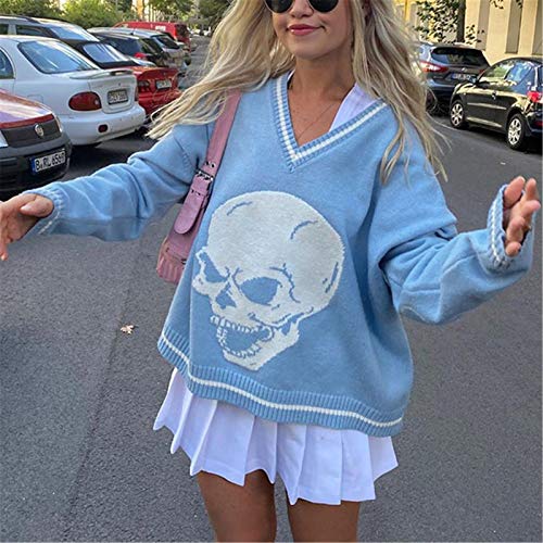 Women Casual Long Sleeve Knitted Sweaters Streetwear Oversized Chunky Pullover Argyle Plaid Knit Jumper Tops (D Blue Skull, M) #TOP2