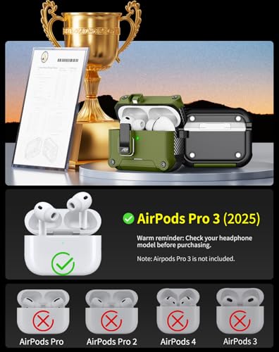 Image of Pohgelan for AirPods Pro 3 Case with Safety Lock-Dark Green | Magnetic Automatic Lock with Cleaning Kit&Keychain,Compatible with Magsafe