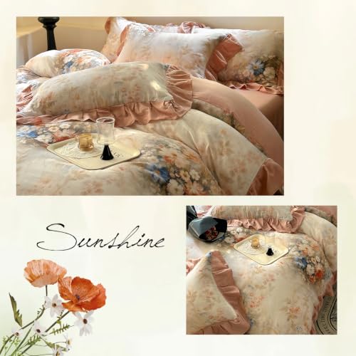 Image of VM VOUGEMARKET Romantic Ruffle Floral Duvet Cover Set Twin,Ultra Soft Double Layer Cotton Plush Pink Bedding Set,Vintage Cottagecore Aesthetic Botanical Comforter Cover for Teen Girls