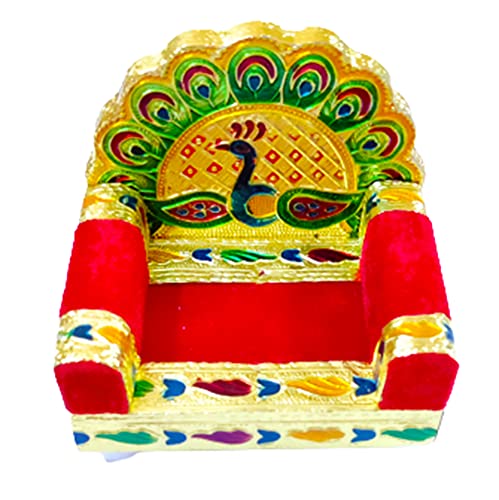 Image of DMS RETAIL Wooden Handcrafted Peacock Sinhasan for Mandir|Sihasan for Laddu Gopal|Shihasan for God (6X6 Inch)