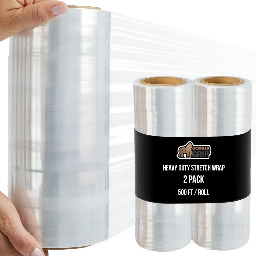 GORILLA GRIP 500% Stretch Film Heavy Duty Plastic, 2 Pack 500ft Shrink Wrap Rolls 10" Puncture Resistant, Industrial Strength for Pallet Storing,