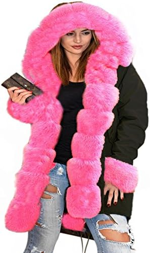 Aofur Womens Hooded Faux Fur Lined Warm Coats Parkas Anoraks Outwear Winter Long Jackets (Small, Black Pink Fur)