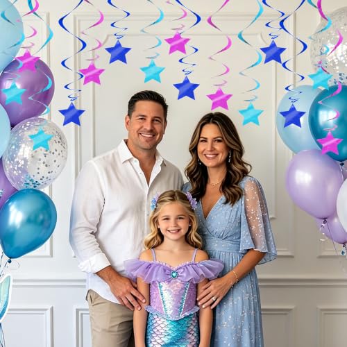 Image of BEISHID Blue Purple Pre-Strung Stars Hanging Swirls Stars Hanging Decorations for Baby Shower Winter Holiday Frozen Birthday Party Decorations Supplies,Pack of 15