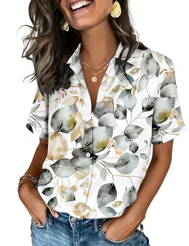 Image of Zeagoo Button Down Shirts for Women Short Sleeve Collared Tops Dressy Casual V Neck Blouses