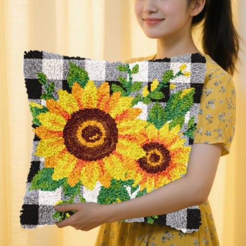 FREEBLOSS Latch Hook Kits for Adults Beginners Checkered Sunflower Pre Printed DIY Crochet and Latch Kits Pillow Cover for Home Sofa Decoration, Includes Instructions 17 * 17 Inch - Image 6