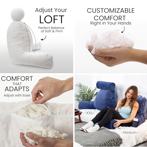 Image of Husband Pillow - Dark Blue, Big Backrest Reading Bed Rest Pillow with Arms, Plush Memory Foam Fill, Remove Neck Roll Off Bungee, Change Covers, Zipper On Shell of Bed Chair for Adjustable Loft