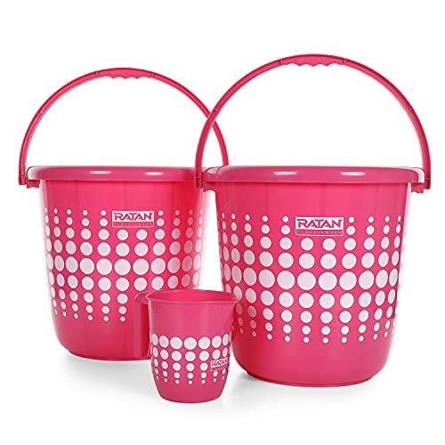 Image of Ratan Plastics 3 Pieces Bathroom Set 2 Super Saver Bucket 16L + 1 Super Saver Mug 1000ml Polka Dots - Pink, Standard (ECCPL980067-001)