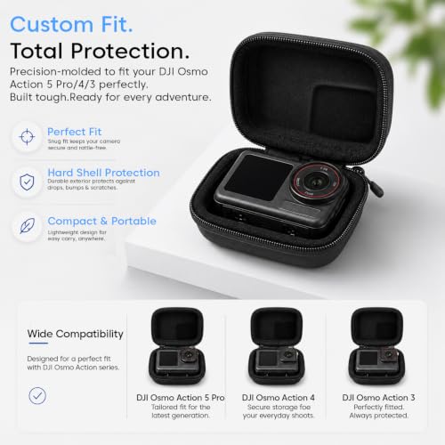Image of Sounce Hard Carrying Case for DJI Osmo Action 5 Pro /4 /3, Waterproof PU Shell with Plush Lining, Shockproof Travel Storage Bag & Carabiner for Action Camera, 9.8 x 7.6 x 4.5cm (Black)