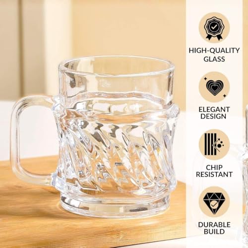 Image of Nestasia Transparent Glass Tea Cups Set of 6 (165ml Each) - Dishwasher Safe & 100% Food Safe Chai Cups with Handle for Coffee, Tea, Hot & Cold Beverages | Twisted Swirl Embossed Design