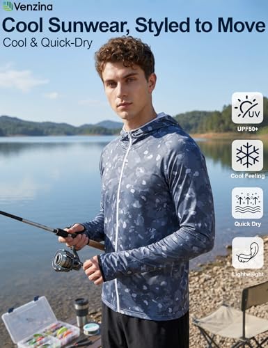 Image of Venzina Sunscreen Jacket for Men Fishing Sun Protection Jacket UPF 50+ Cooling Breathable Quick Dry Stylish Print Stretchable Design with Thumbholes Travel Hiking Camping