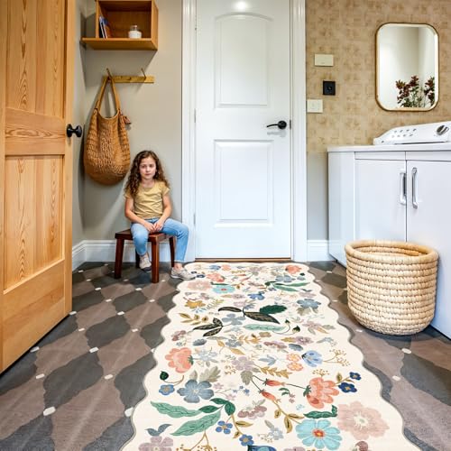Washable 3x6 Hallway Runner Rug: Floral Scalloped Soft Runners for Entryway Kitchen Nursery Non Slip Bathroom Laundry Floor Mat Water Resistant Light Weight Carpet for Living Room Bedroom (3x6,Cream)
