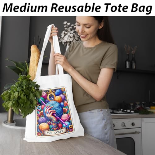 Funny Sarcastic Tarot Card Crochet Gifts Knitting Gothic Witch Stuff Canvas Tote Bag, Reusable Grocery Bags for Shopping, Work, Girls Travel Halloween Decor Gift for Women, Crafter Birthday Halloween2