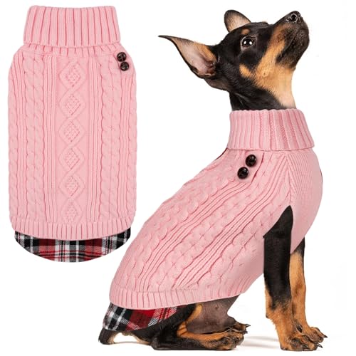 Image of KYEESE Dog Sweater for Small Dogs Turtleneck Thick Knit Pullover | Stretchy Fit, Lightweight & Warm, Cozy Knit Comfort, Classic Plaid Design, Gentle on Sensitive Skin, Winter Daily Wear