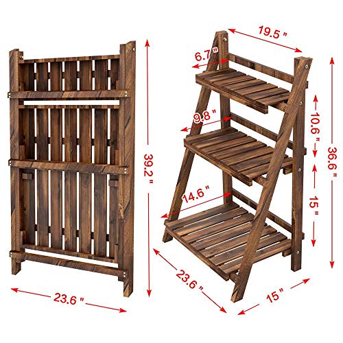 YAHEETECH 3 Tier Folding Wooden Plant Stand Wood Organizer Flower Pot Stand Plant Display Shelf Rack Ladder Garden Indoors Outdoors 23.6 x 15 x 36.6in