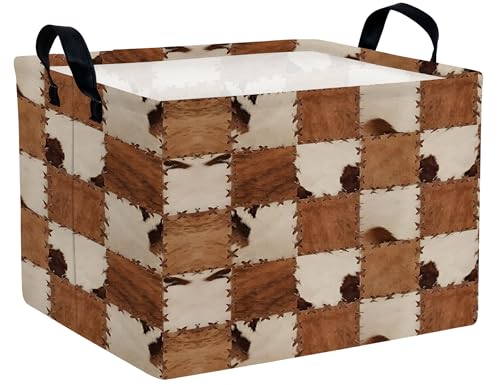 Image of Checkered Kids Toy Basket Collapse Storage Bin with Handles Canvas Cow Fur Print Home Decor(Brown White)