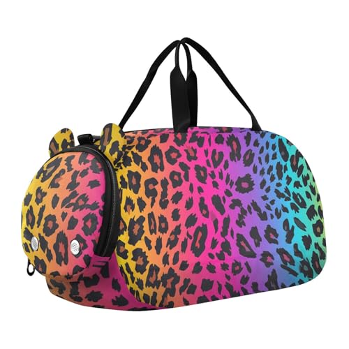 Leopard Rainbows Spots Girl's Gym Duffel Bag with Shoes Compartment Large Capacity Weekender Overnight Bags for Beach Swim Bags Pool Sports