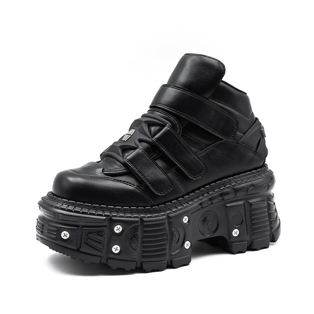 Kluolandi Platform Boots for Women Black Goth Boots with Hook and Loop Square Toe Chunky Motorcycle Ankle Boots