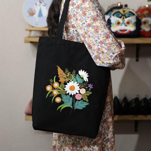 Image of KABAKE Canvas Tote Bag Embroidery Kit, Embroidery Kits for Beginners, Arts and DIY Crafts Embroidery Starter kit, Include Stamped Embroidery Bag, Threads, Embroidery Tools (Black Bag with Floral)
