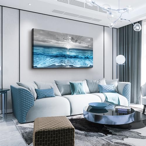 ERQINHUA Large Canvas Wall Decor For Living Room Wall Art For Bedroom Office Dining room Decorations Blue Sea Wave Ocean Paintings Beach Artworks Wall Pictures Modern Inspiration Home Decor 24"X48"
