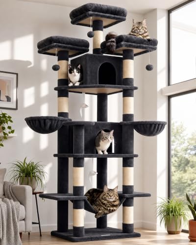Image of Globlazer Big Cat Tower for Indoor Cats, 80inch Cat Tower for Multiple Adult Cats XXL Cat Tree with Scratching Post, Hammock, 3 Perches, 2 Condos, 2 Hanging Basket, F80, Dark Grey