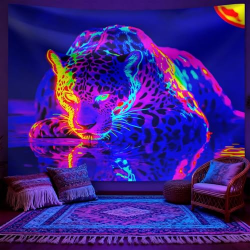 Blacklight UV Reactive Tapestry, Neon Black Cat Psychedelic Wall Hanging