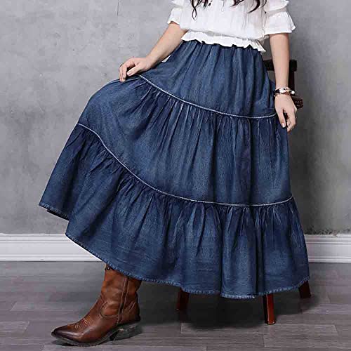 BXCNCKD Women's Tiered A-Line Denim Prairie Skirt Denim Articulated Hem Long Skirt Retro Denim Skirt3