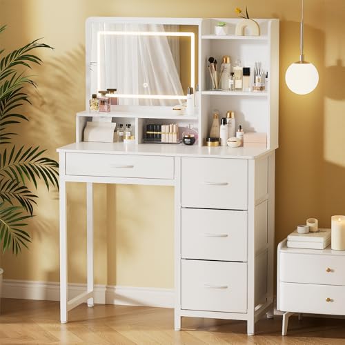 Image of Kitsure Vanity Desk with Mirror and Lights, Large Capacity, Fabric Drawers | Bedroom, Teens & Women, 3 Light Modes, 4 Fabric Drawers, 35 inchD x 17 inchW x 52 inchH, White