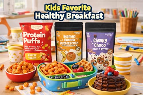 Image of Grainfully Yours Healthy Breakfast & Snack Combo - Pancake & Waffle Mix Cheeky Choco & Banana Butterscotch, Cheesy Tomato Protein Puffs, High Protein, Plant-Based, No Preservatives