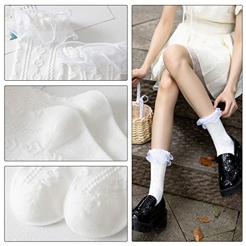Image of SEMOHOLLI Women's Ruffle Socks - Mid-Calf, Lace Ruffle Frilly Comfortable Cotton Princess Socks