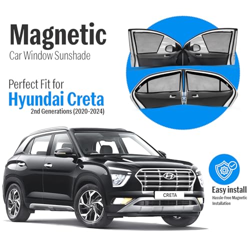 Image of Autofact Magnetic Car Sunshades Compatible with Hyundai Creta New (2020 to 2024) (Set of 4) - Easy Installation, UV Protection (Front 2 Half-Cut for Side Mirror Visibility, Rear 2 with Zippers)