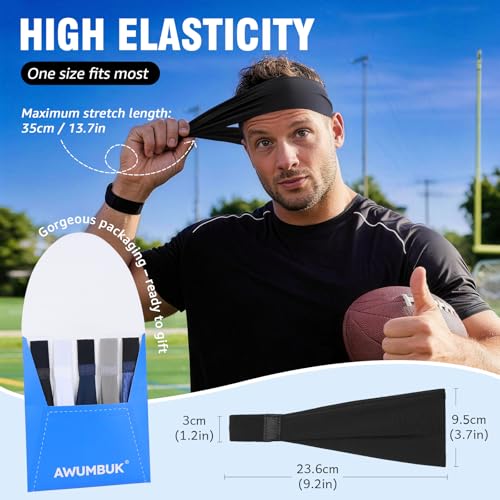 Image of AWUMBUK Sports Headbands for Men, Sweat Bands Headbands Men Absorbent Head Band Stretchy Sweatbands 5 Pack Hair Band Workout Football Running Cycling Fitness (Dark Blue)
