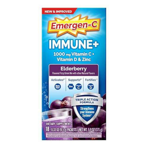 Emergen-C Immune+ Triple Action Immune Support Powder, BetaVia (R), 1000mg Vitamin C, B Vitamins, Vitamin D and Antioxidants, Elderberry, Back to School Essentials – 18 Count