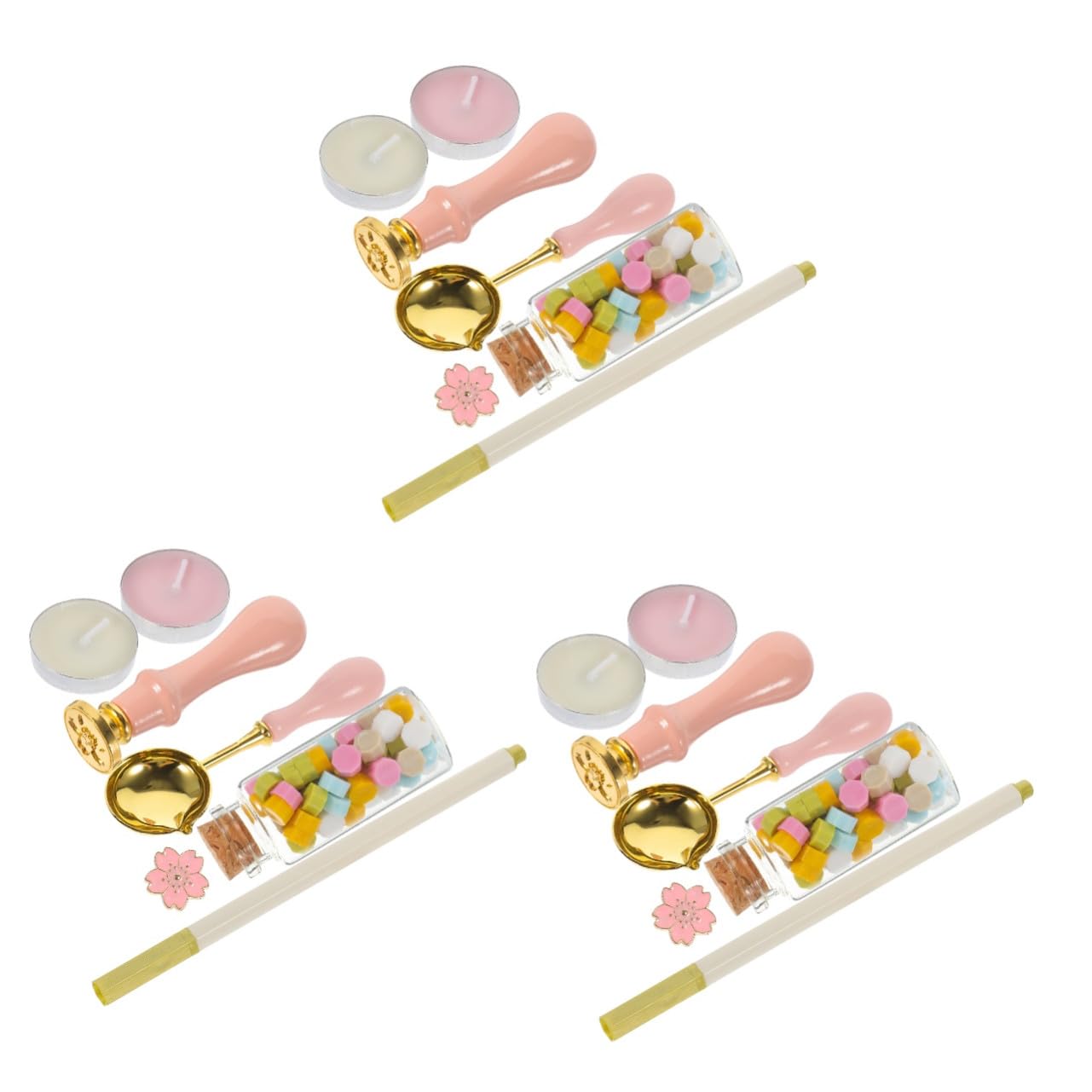 3 Juegos Kit de Sellos de Lacre DIY 7 Piezas Mango Cuentas de Cera y Sello de Flor de Cerezo para Cartas Sobres y Decoración de Invitaciones de Boda Material Abs y Corcho Uso
