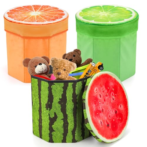 Covzoe 3 Pack Fruit Storage Stool, 12 x 12 Inch Folding Stool Ottoman with Foam Cushion, Collapsible Storage Seat Chest, Creative Organizer Stools Box for Patio Foot Rest