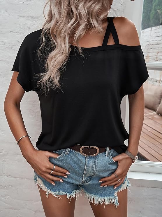 Chvity Womens Criss-Cross One Shoulder Tops Casual Short Sleeve Cold Shoulder Solid Loose Fit Summer Tops Tees - Image 4